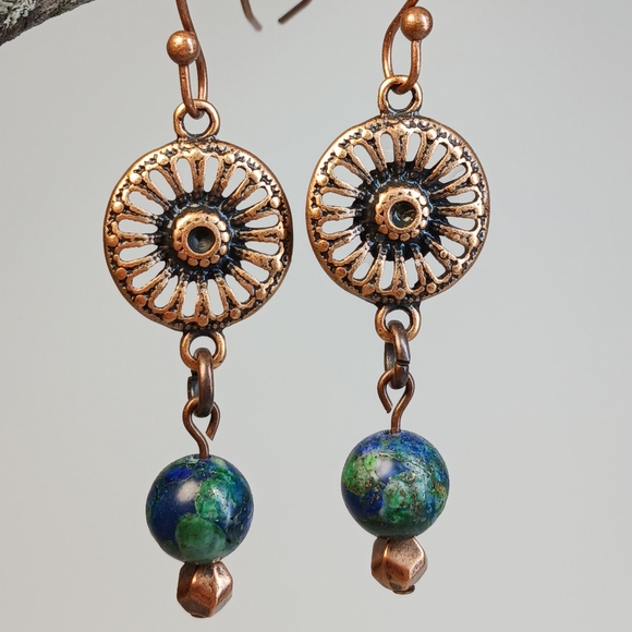 Hand Crafted Jewelry - Blue, green and copper dangle earrings